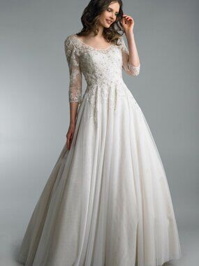 D8182LB Three Quarter Sleeve V Neck Gown - Ivory